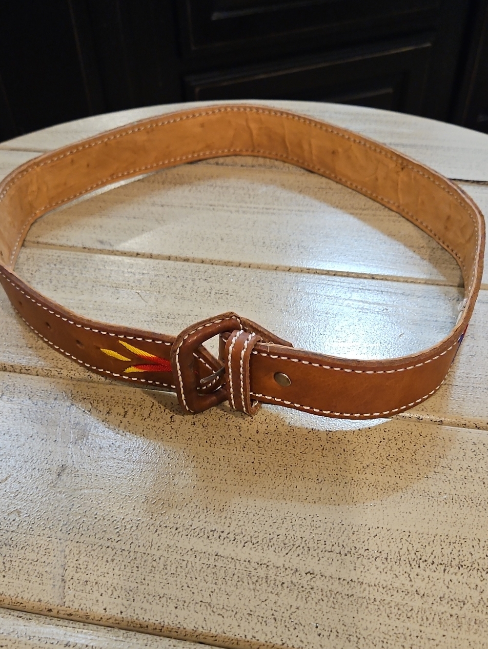 Women's Brown Leather Belt with Embroidered Accent